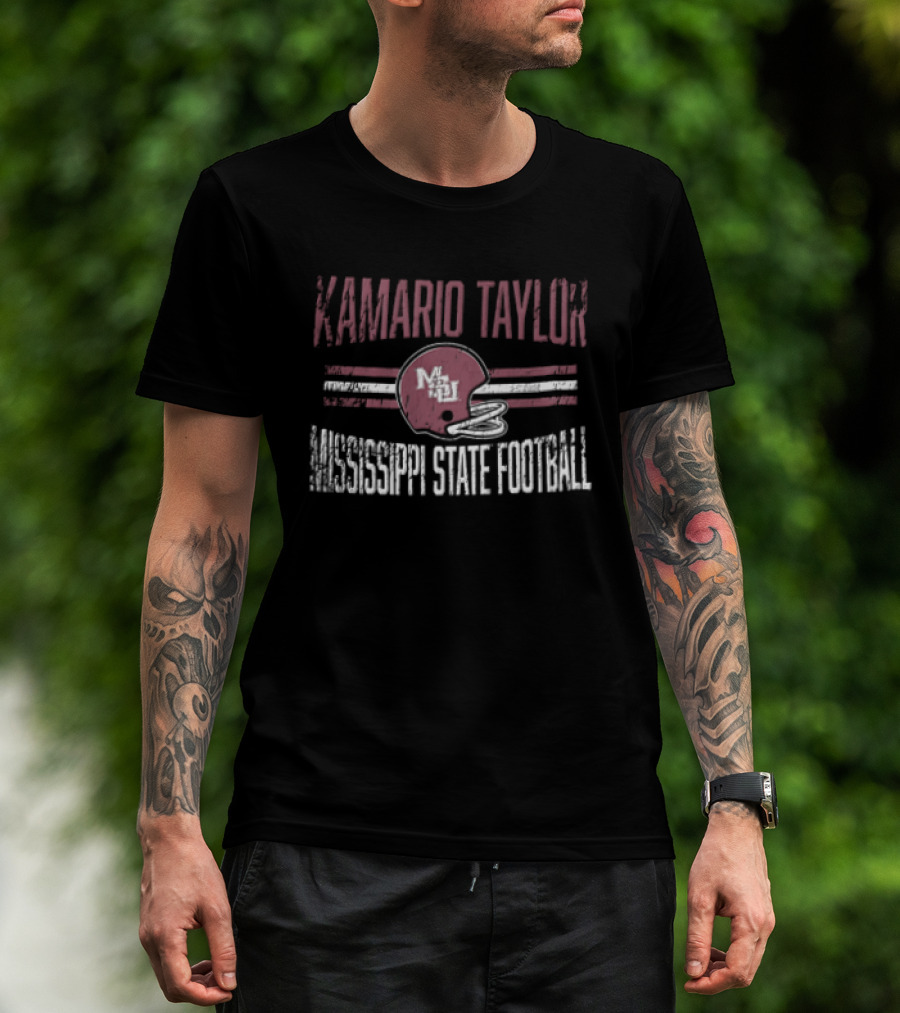 Kamario Taylor Mississippi State Bulldogs NCAA Football Distressed Helmet Horizontal Stripes T-Shirt