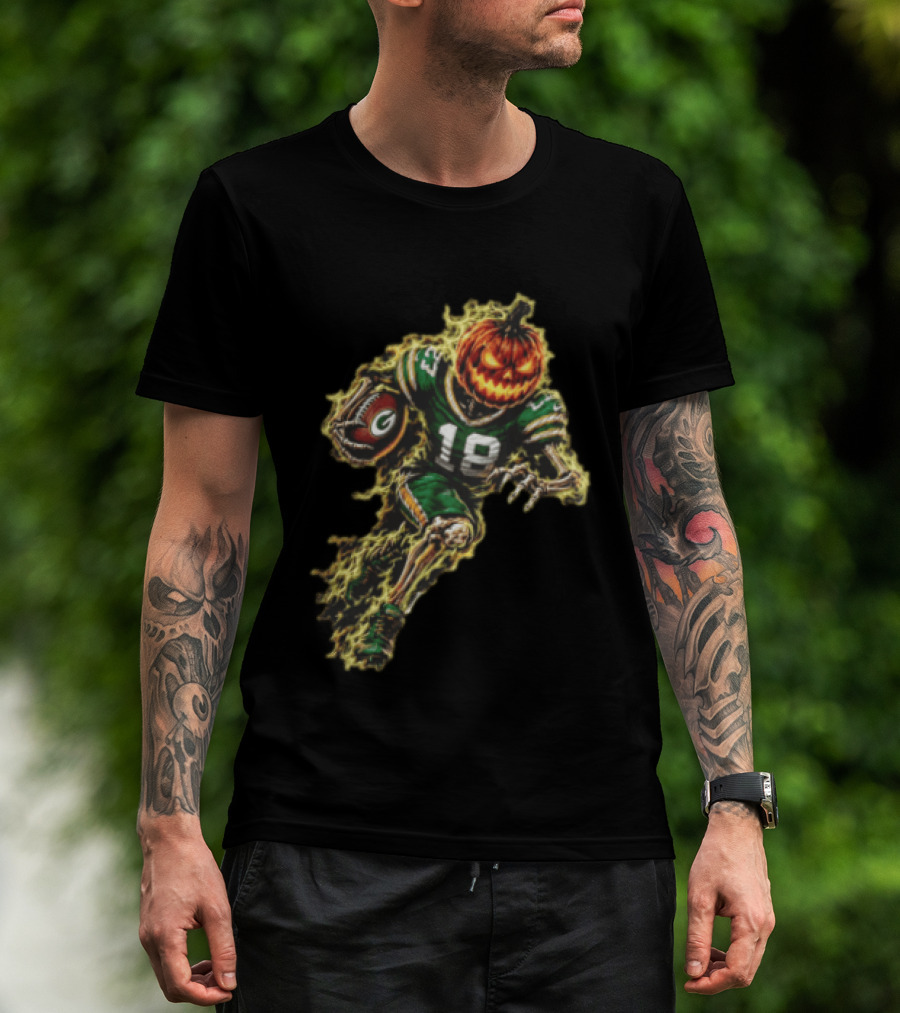 Green Bay Packers Halloween Pumpkin Head Skeleton Football Player Running T-Shirt