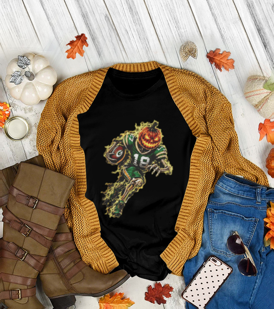 Green Bay Packers Halloween Pumpkin Head Skeleton Football Player Running T-Shirt