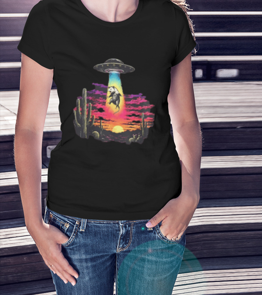 UFO Opossum Abduction In Desert Sunset Scene With Cacti And Colorful Sky T-Shirt