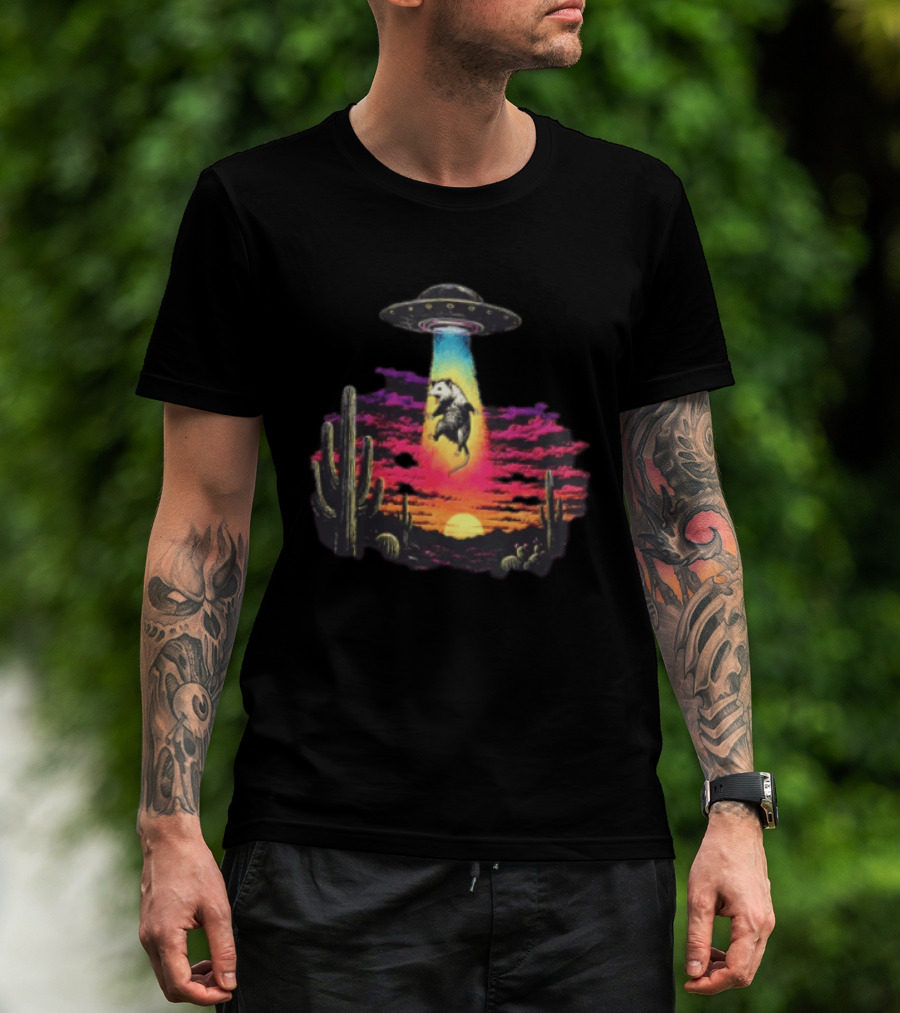 UFO Opossum Abduction In Desert Sunset Scene With Cacti And Colorful Sky T-Shirt