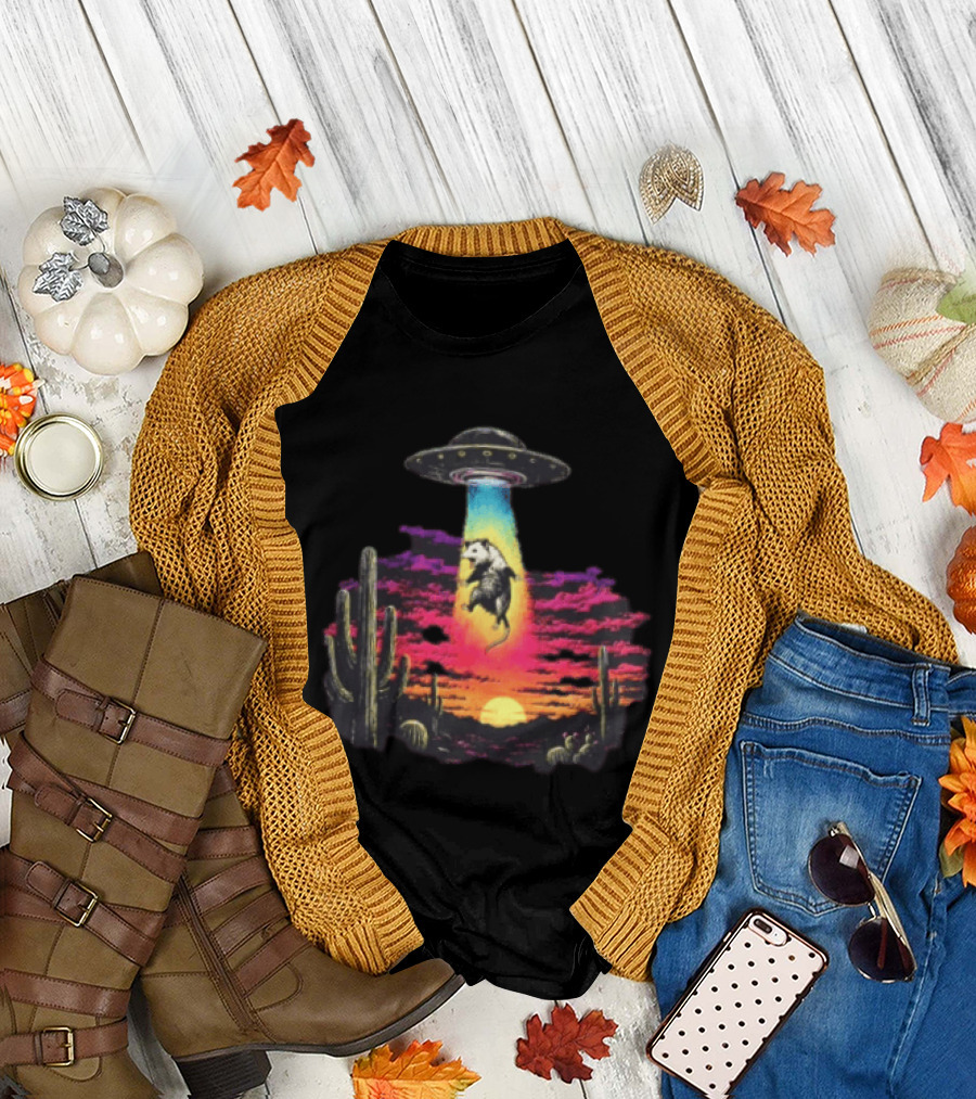 UFO Opossum Abduction In Desert Sunset Scene With Cacti And Colorful Sky T-Shirt
