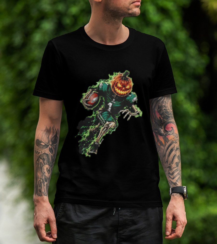 Philadelphia Eagles Pumpkin Head Skeleton Player Green Flames Football T-Shirt