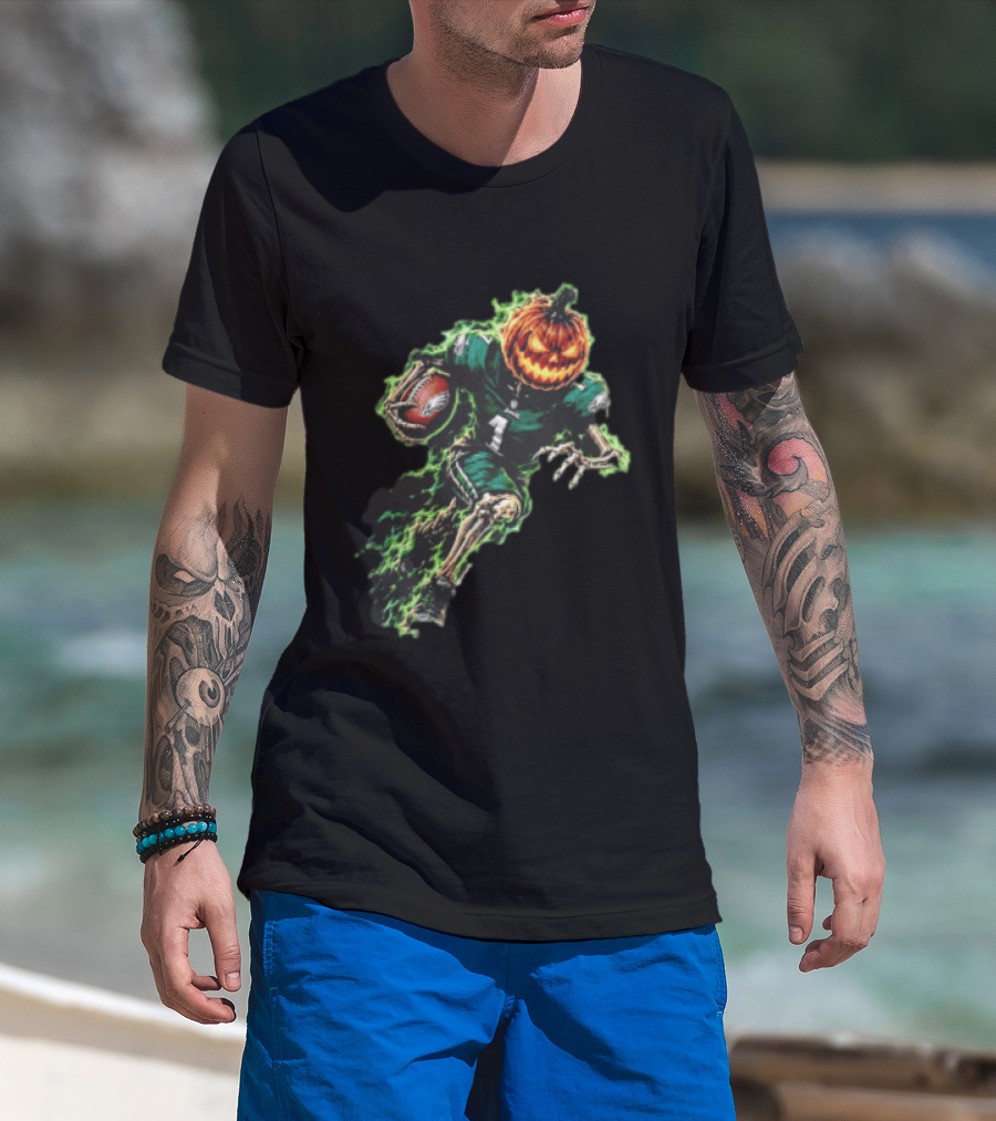 Philadelphia Eagles Pumpkin Head Skeleton Player Green Flames Football T-Shirt