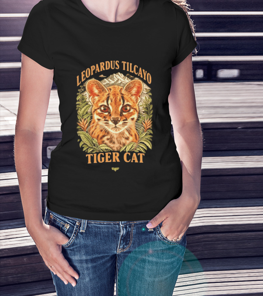 Leopardus Tilcayo Tiger Cat Wildlife Art With Foliage And Mountain T-Shirt