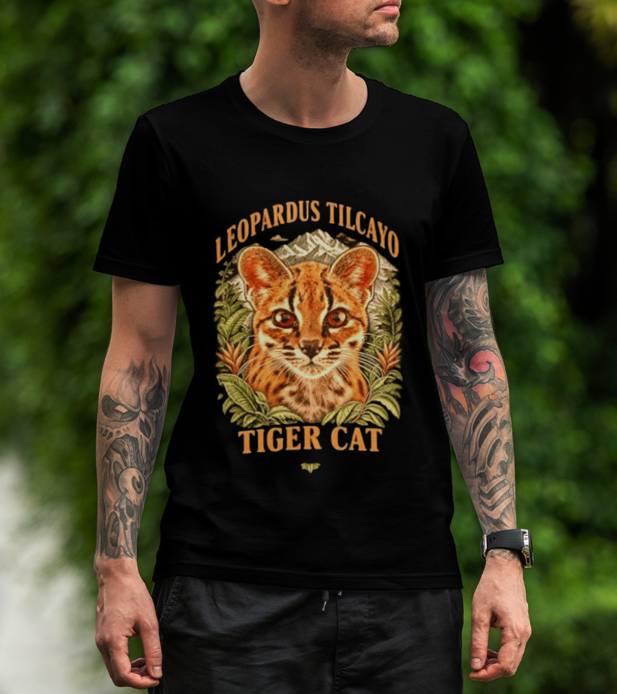 Leopardus Tilcayo Tiger Cat Wildlife Art With Foliage And Mountain T-Shirt