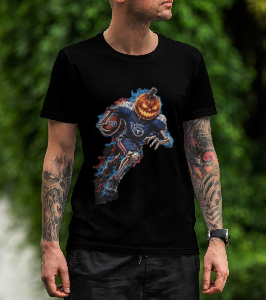 Tennessee Titans Pumpkin Head Skeleton Football Player Blue Flames Halloween NFL T-Shirt