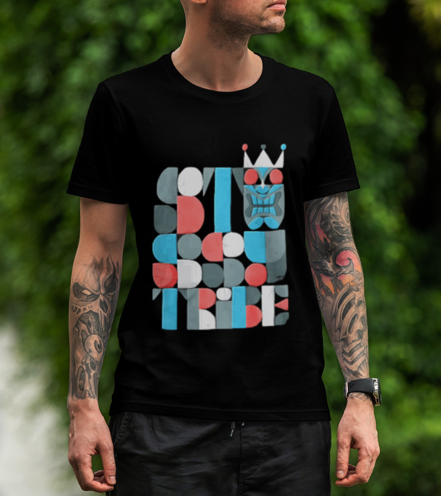 Tribe Crowned Tiki Mask Geometric Color Block T-Shirt