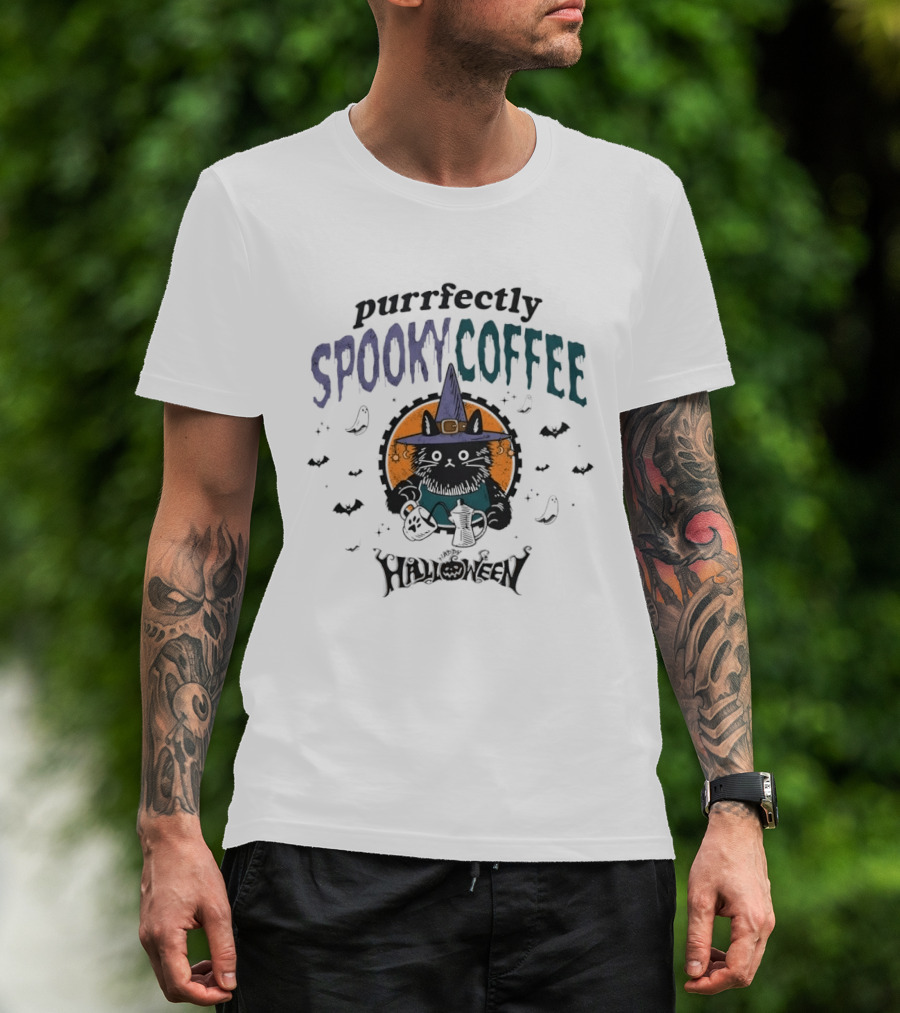 Purrfectly Spooky Coffee Witch Cat Halloween T-Shirt