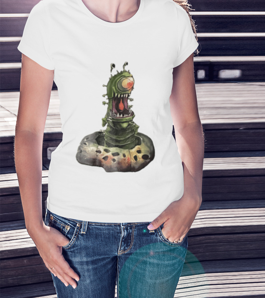 Cartoon Monstrous One Eyed Green Creature Emerging From Ground Hole T-Shirt