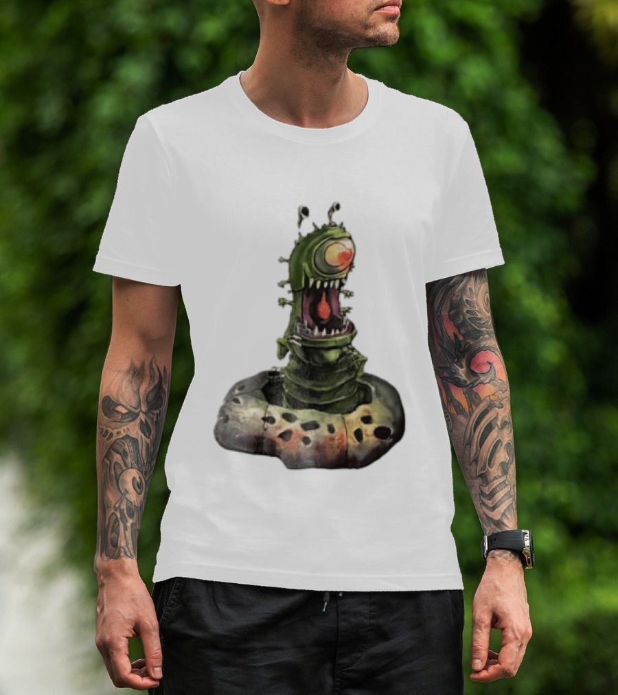Cartoon Monstrous One Eyed Green Creature Emerging From Ground Hole T-Shirt