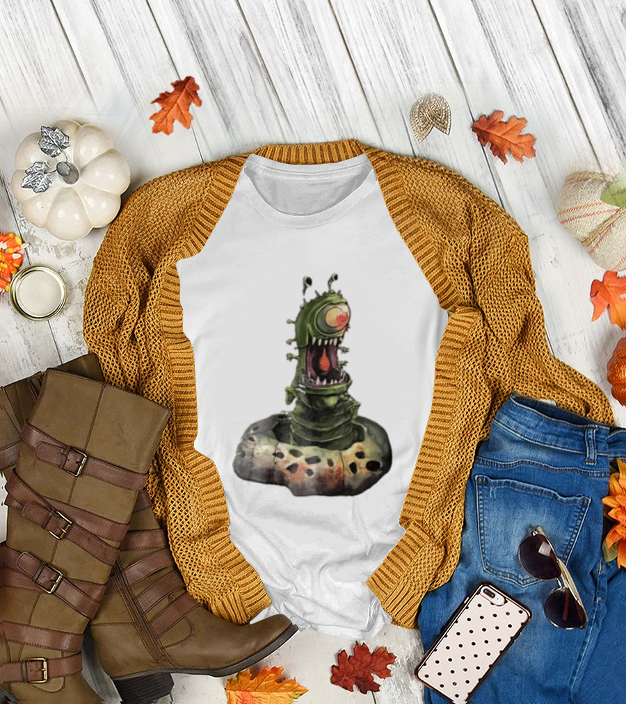 Cartoon Monstrous One Eyed Green Creature Emerging From Ground Hole T-Shirt