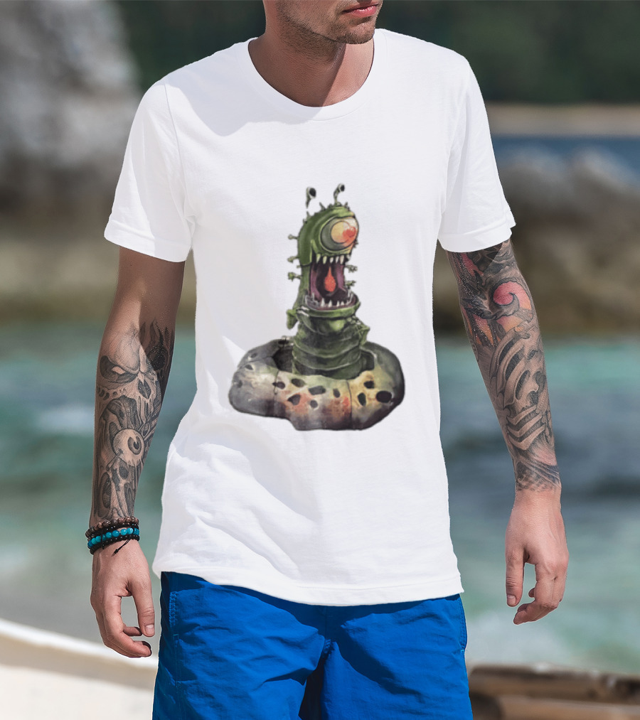 Cartoon Monstrous One Eyed Green Creature Emerging From Ground Hole T-Shirt
