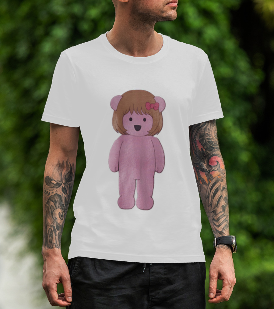 Cartoon Pink Bear With Brown Bob Haircut And Red Ribbon Bow T-Shirt