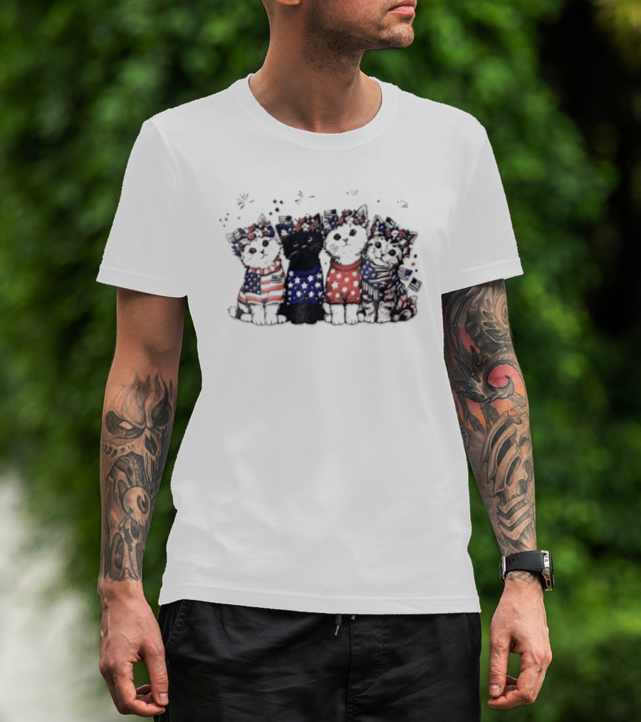 Four Patriotic Watercolor Kittens Fireworks Celebration Red White Blue T-Shirt