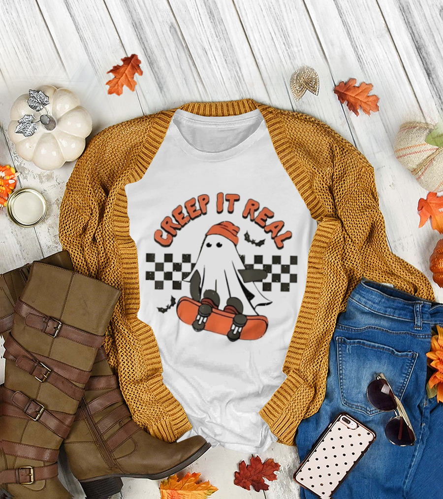 Creep It Real Ghost Skateboard Halloween T-Shirt