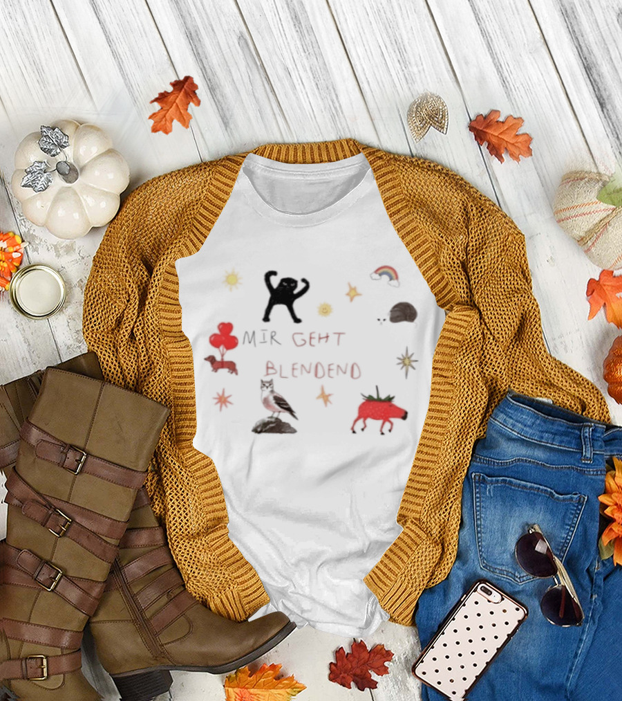 Mir Geht Es Blendend Cat Snail Strawberry Pig With Rainbow And Sun Doodles T-Shirt