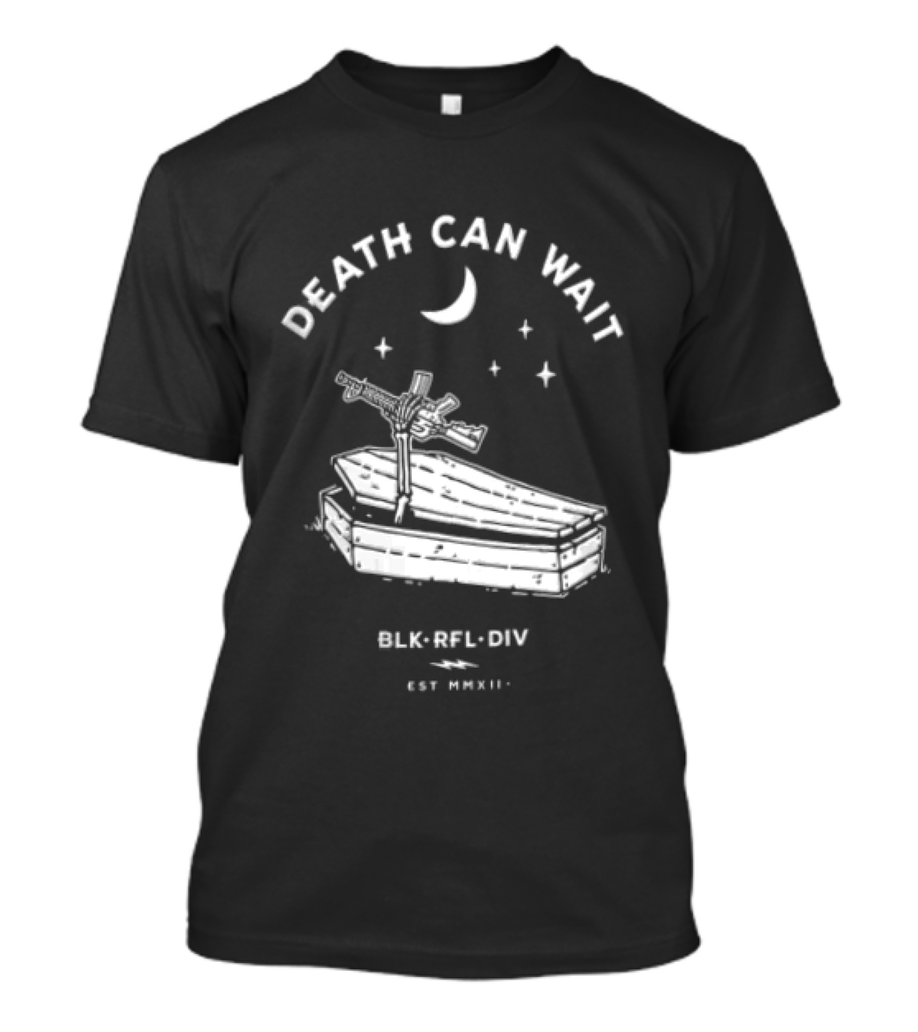 Death Can Wait Coffin Skeleton Hand BLK RFL DIV 2012 Moon Stars T-Shirt