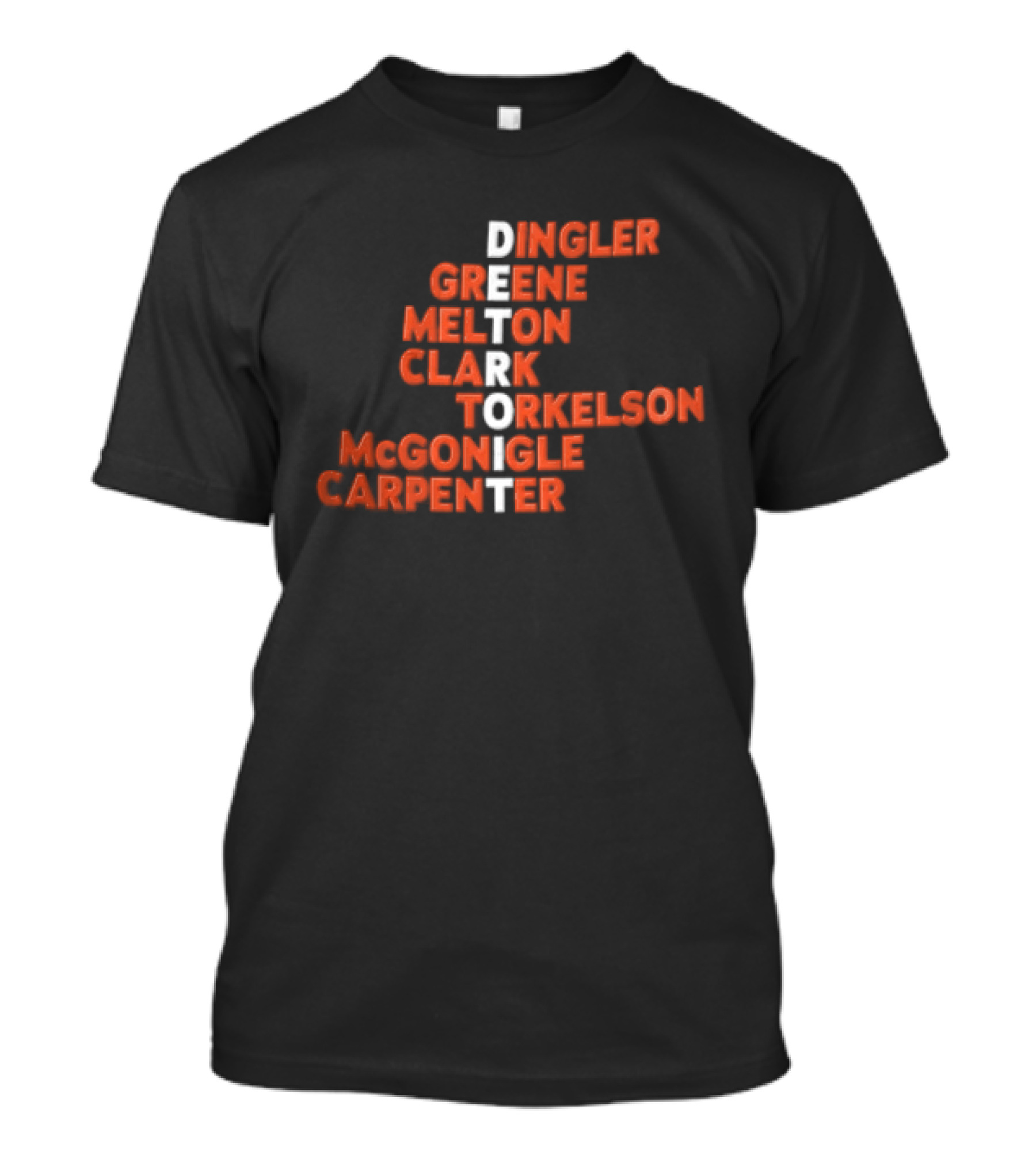 Detroit Tigers Dingler Greene Melton Clark Spencer Torkelson Mcgonigle Carpenter Names Vertical Arrangement T-Shirt