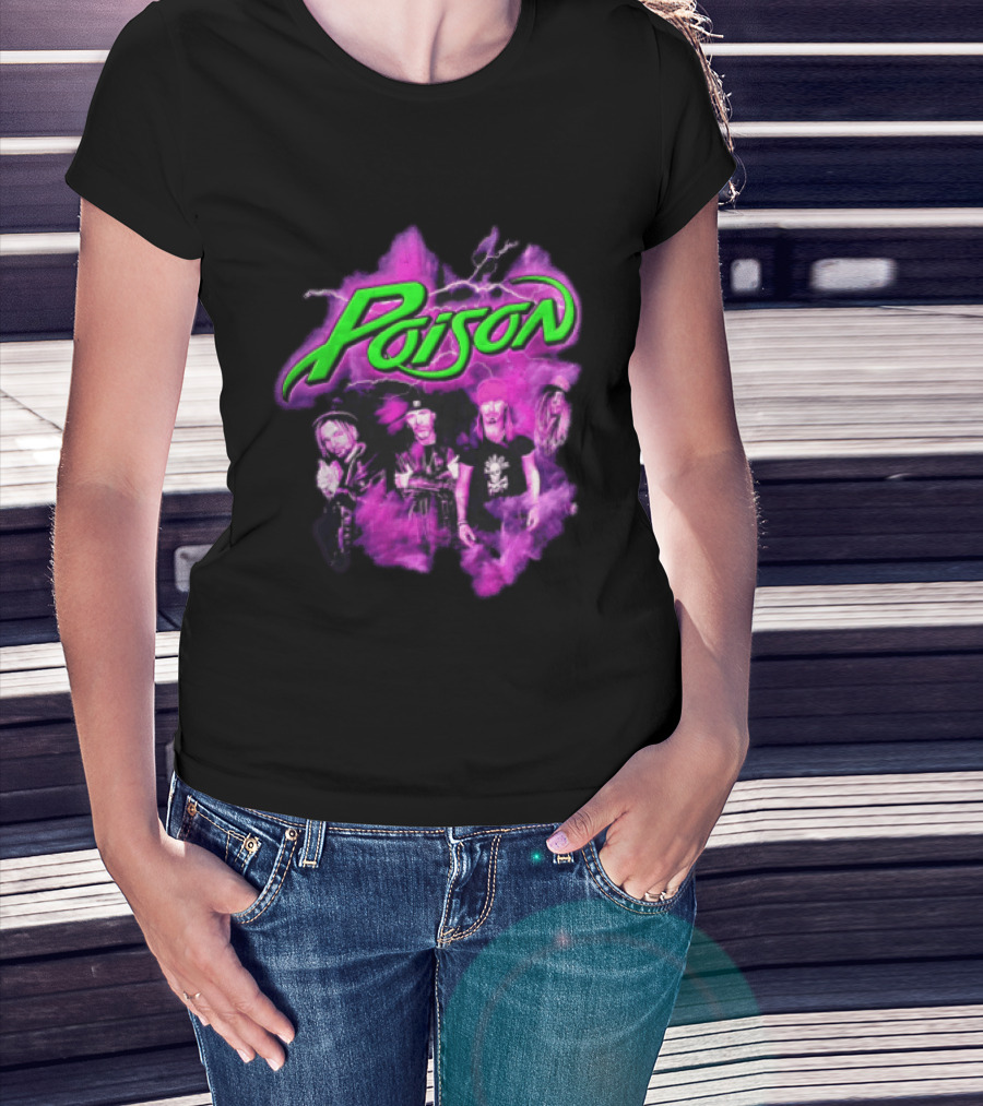 Poison Band Members Graphic With Neon Green Logo And Purple Aura T-Shirt