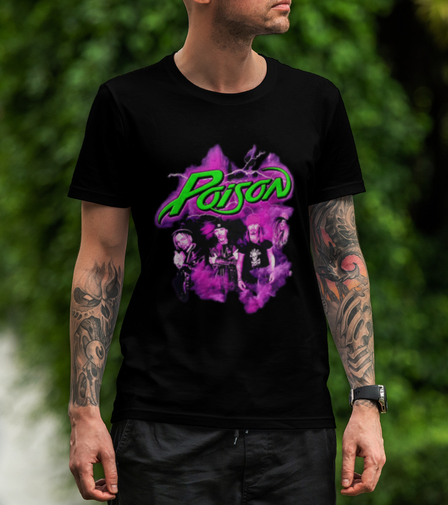 Poison Band Members Graphic With Neon Green Logo And Purple Aura T-Shirt