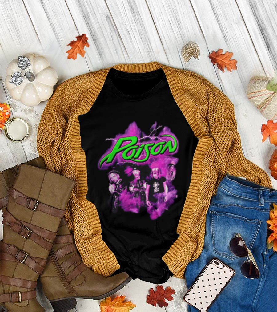 Poison Band Members Graphic With Neon Green Logo And Purple Aura T-Shirt