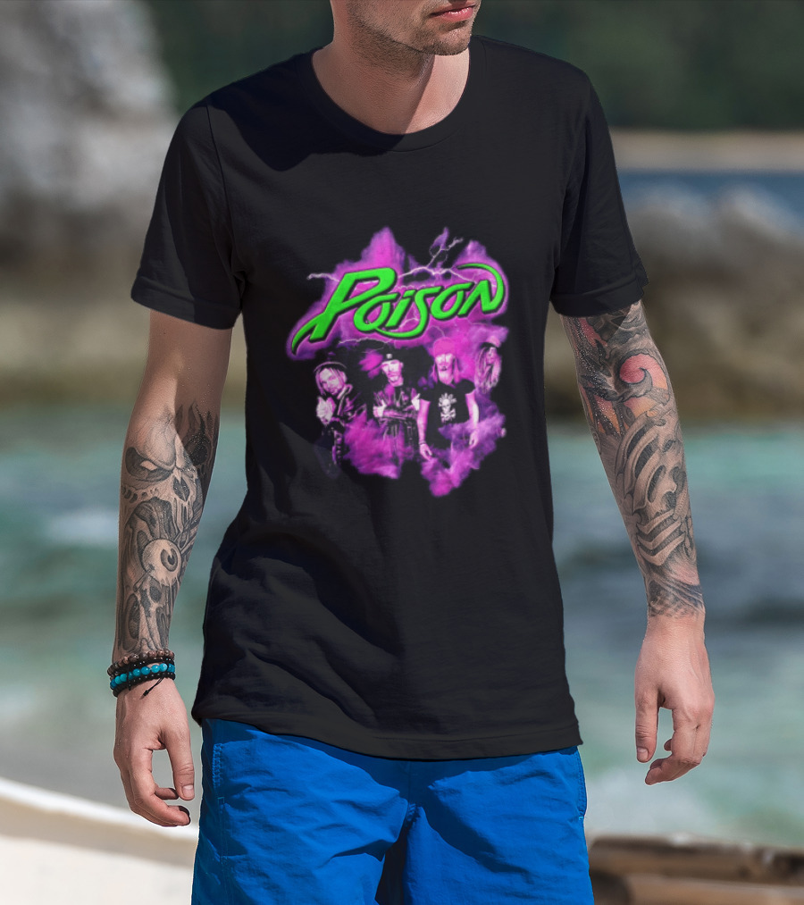 Poison Band Members Graphic With Neon Green Logo And Purple Aura T-Shirt
