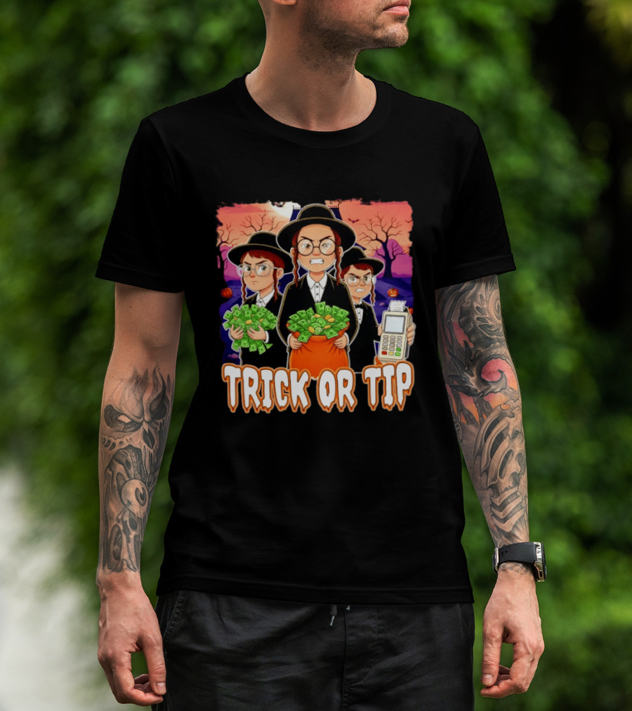 Trick Or Tip Halloween Money Bag Cartoon Characters Holding Cash And Payment Terminal T-Shirt