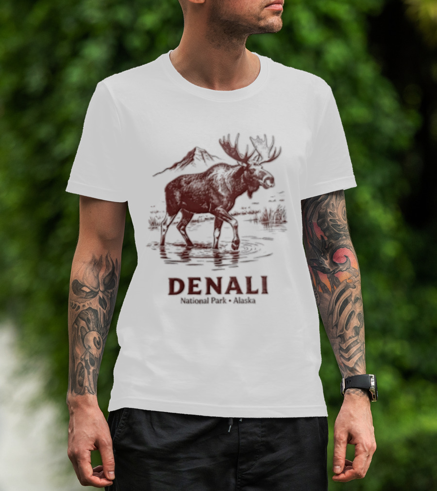 Denali Moose Walking In Water Near Mountain Scenery T-Shirt