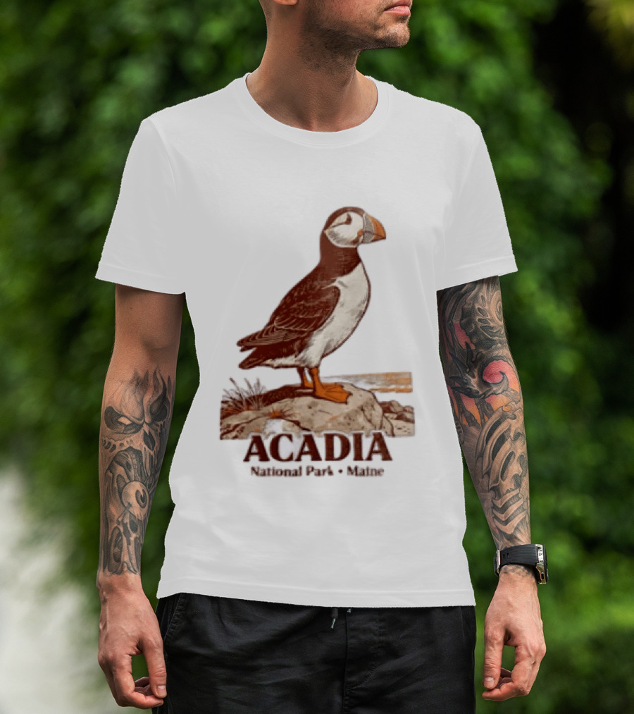 Acadia National Park Maine Puffin Standing On Rock T-Shirt