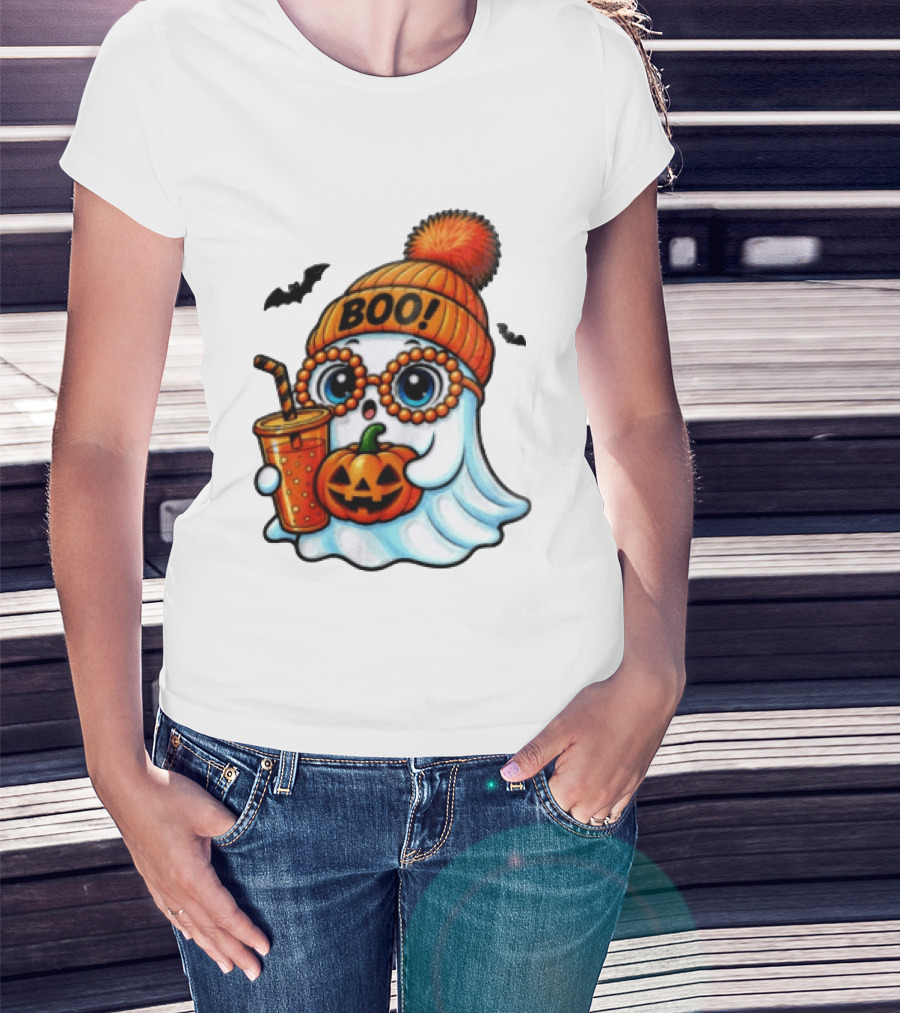 BOO Halloween Ghost With Pumpkin And Drink Spooky Fall Vibes T-Shirt