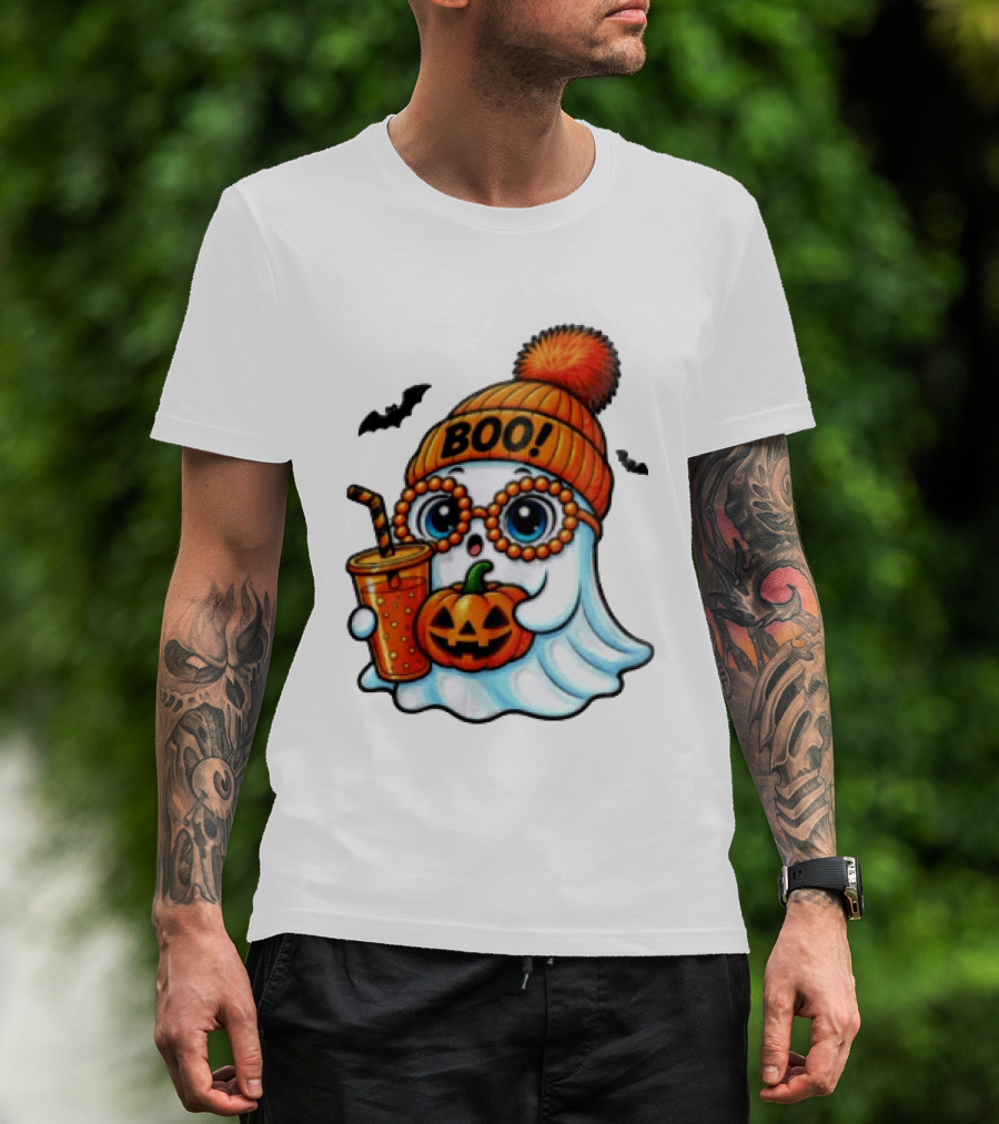 BOO Halloween Ghost With Pumpkin And Drink Spooky Fall Vibes T-Shirt