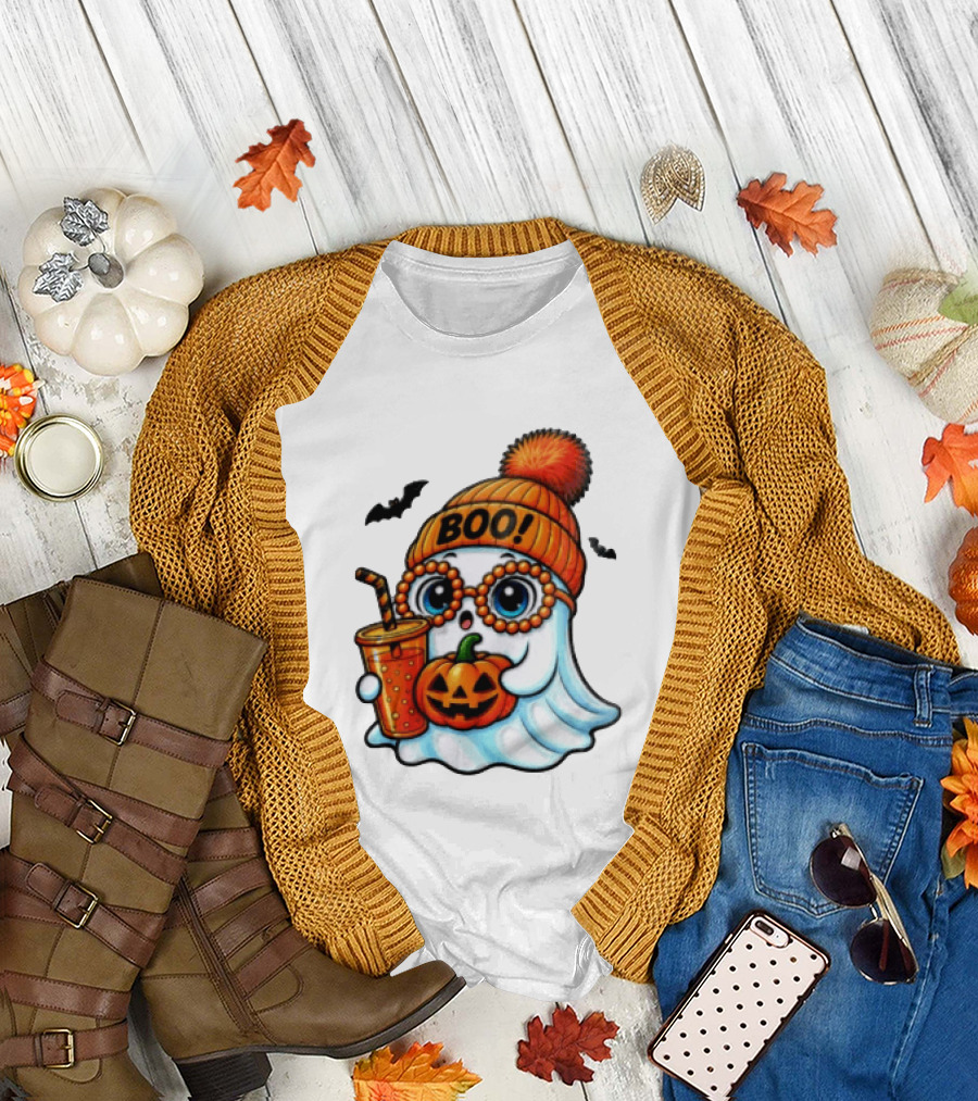 BOO Halloween Ghost With Pumpkin And Drink Spooky Fall Vibes T-Shirt