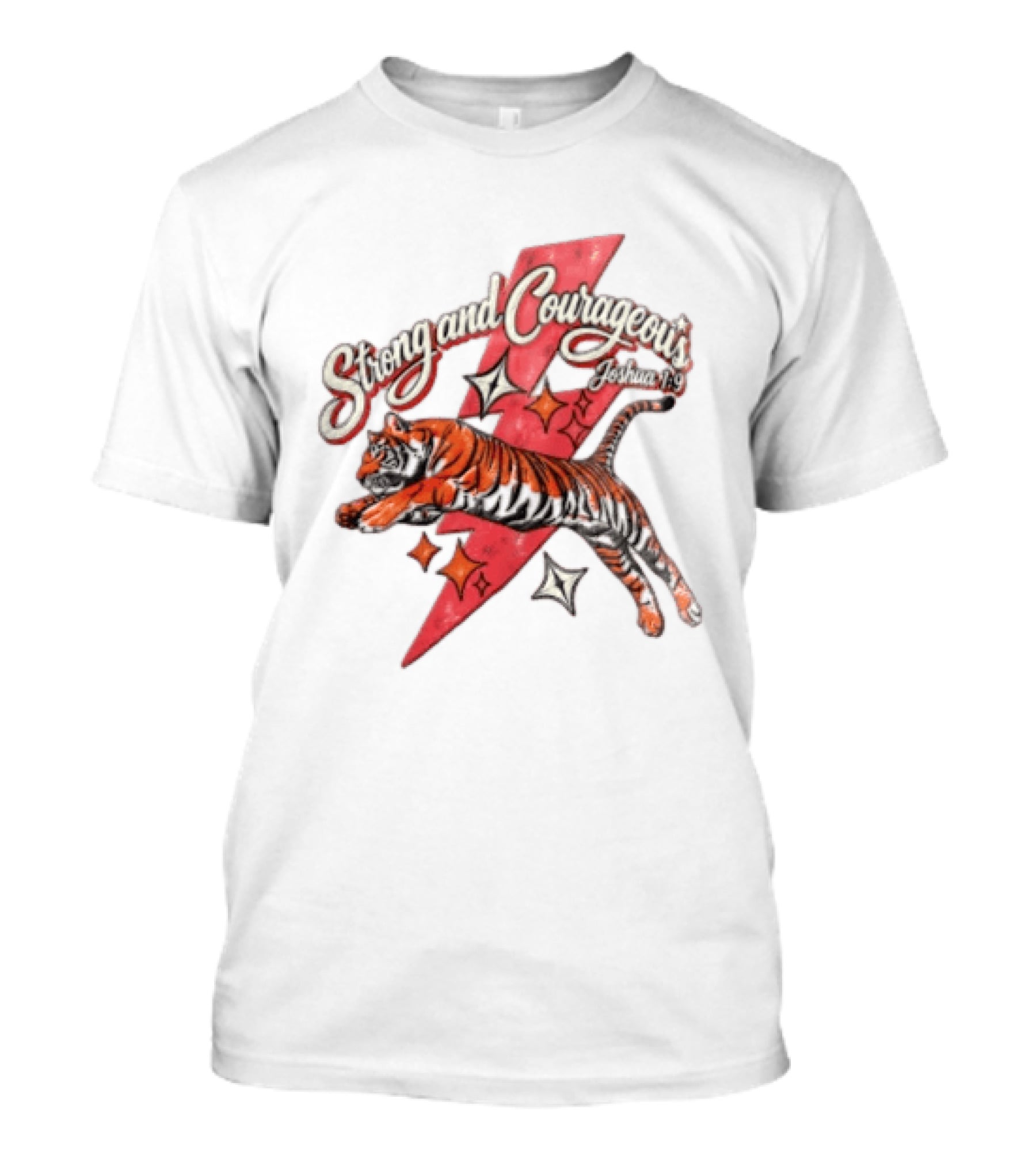 Strong And Courageous Joshua 1 9 Leaping Tiger Pink Lightning Bolt Stars T-Shirt