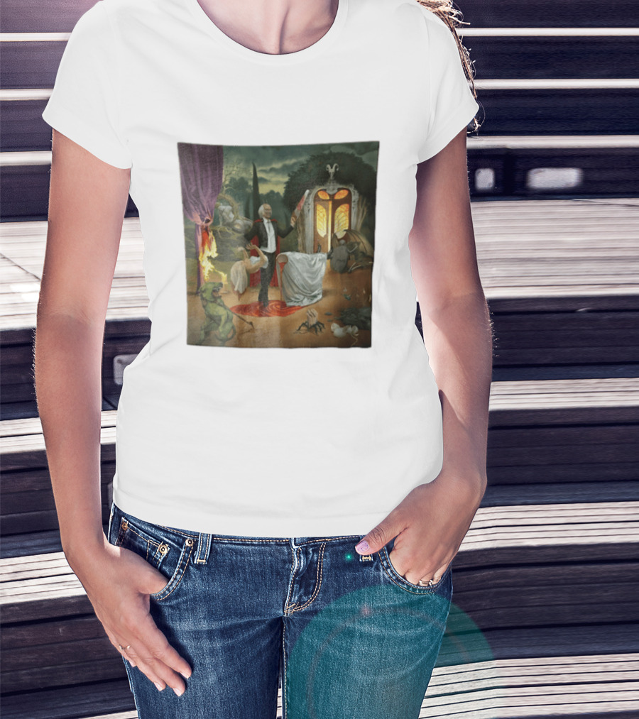 Surreal Gothic Man With Candle And Floating Figures Mysterious Enchantment T-Shirt