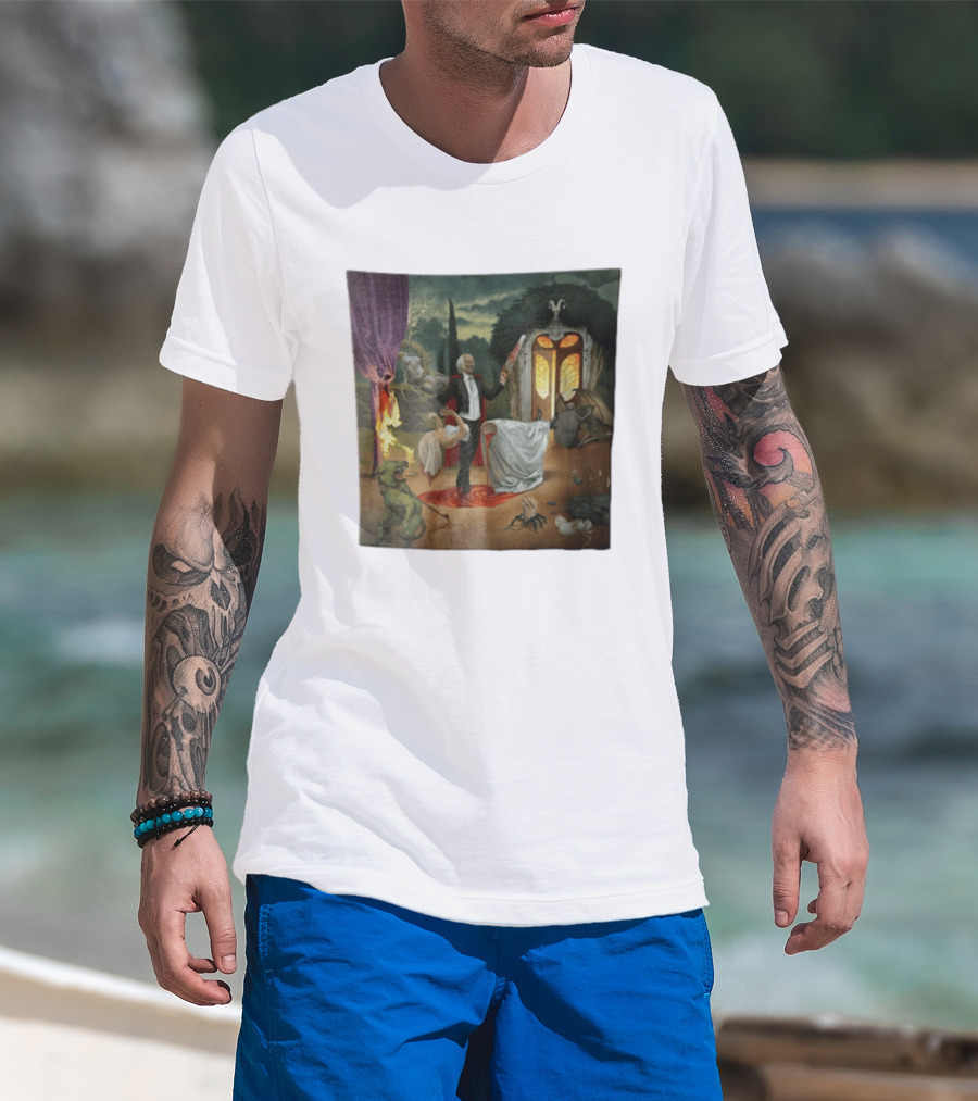 Surreal Gothic Man With Candle And Floating Figures Mysterious Enchantment T-Shirt
