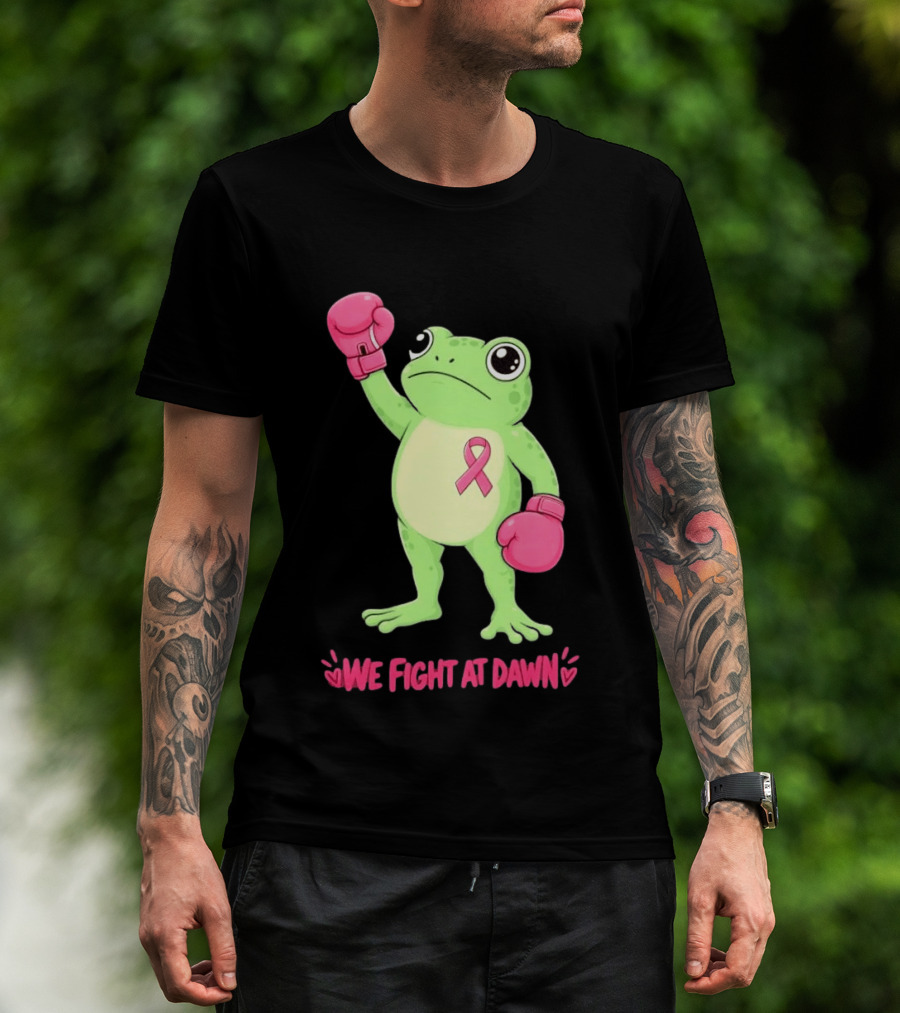 Boxing Frog We Fight At Dawn Breast Cancer Awareness Pink Gloves Ribbon T-Shirt
