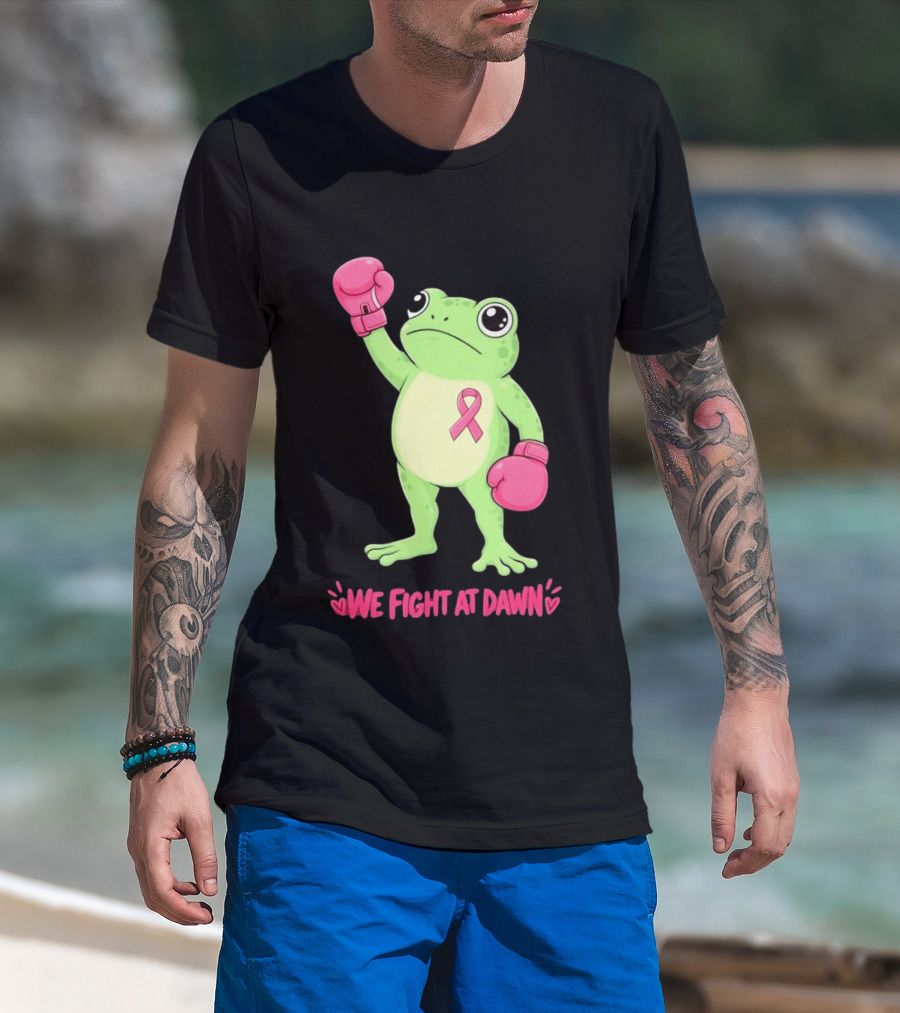 Boxing Frog We Fight At Dawn Breast Cancer Awareness Pink Gloves Ribbon T-Shirt