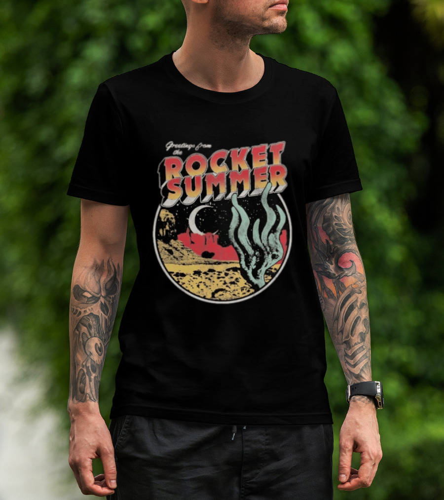 Greetings From The Rocket Summer Desert Moonlight Scene T-Shirt