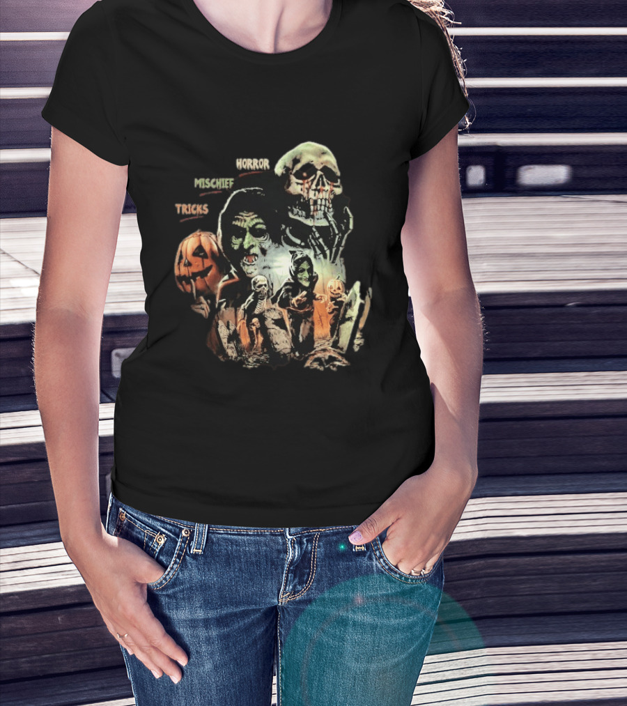 Halloween Horror Mischief Tricks Spooky Trio Skeletons And Jack O' Lanterns T-Shirt