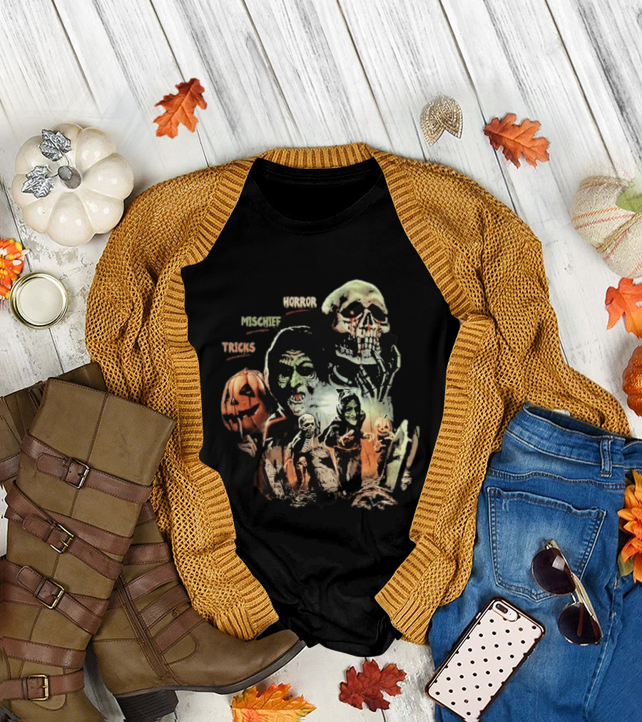Halloween Horror Mischief Tricks Spooky Trio Skeletons And Jack O' Lanterns T-Shirt
