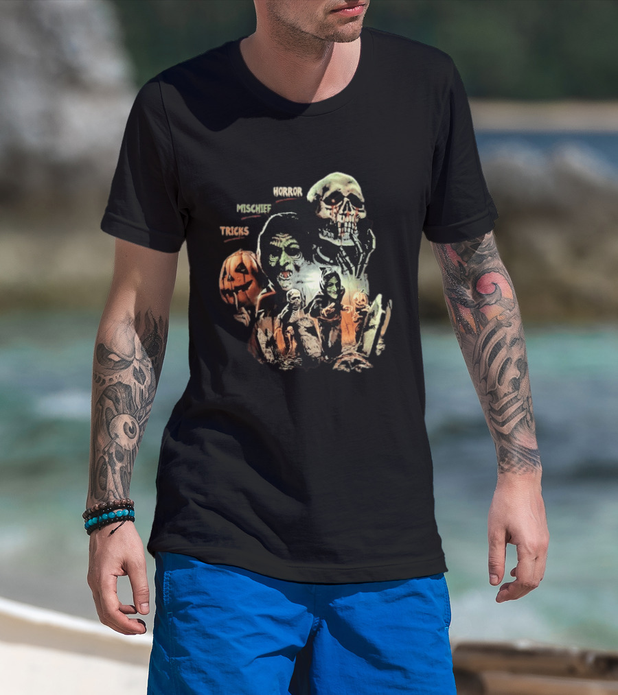 Halloween Horror Mischief Tricks Spooky Trio Skeletons And Jack O' Lanterns T-Shirt