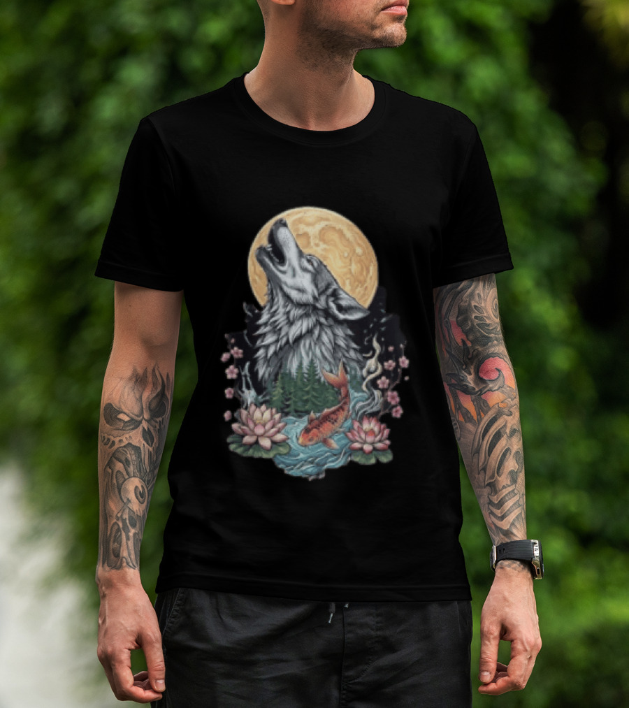 Howling Wolf Full Moon Koi Lotus Blossoms T-Shirt