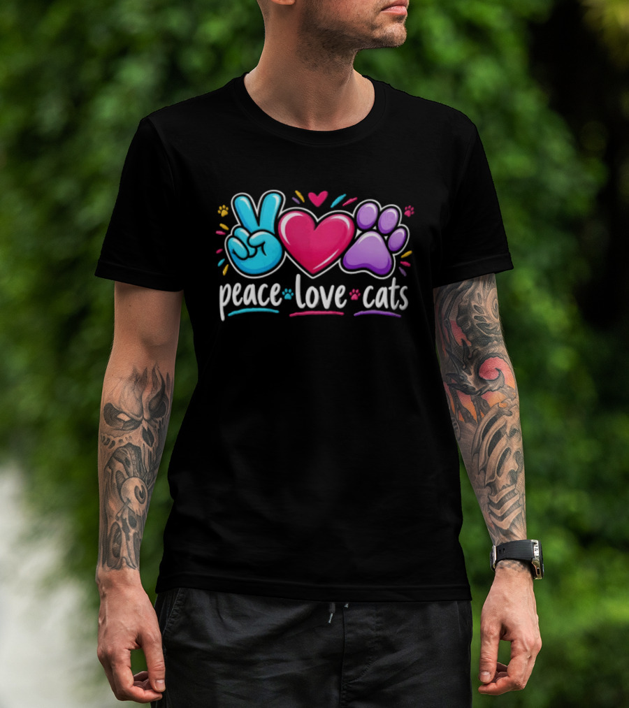 Peace Love Cats Sign Heart Paw Rainbow T-Shirt
