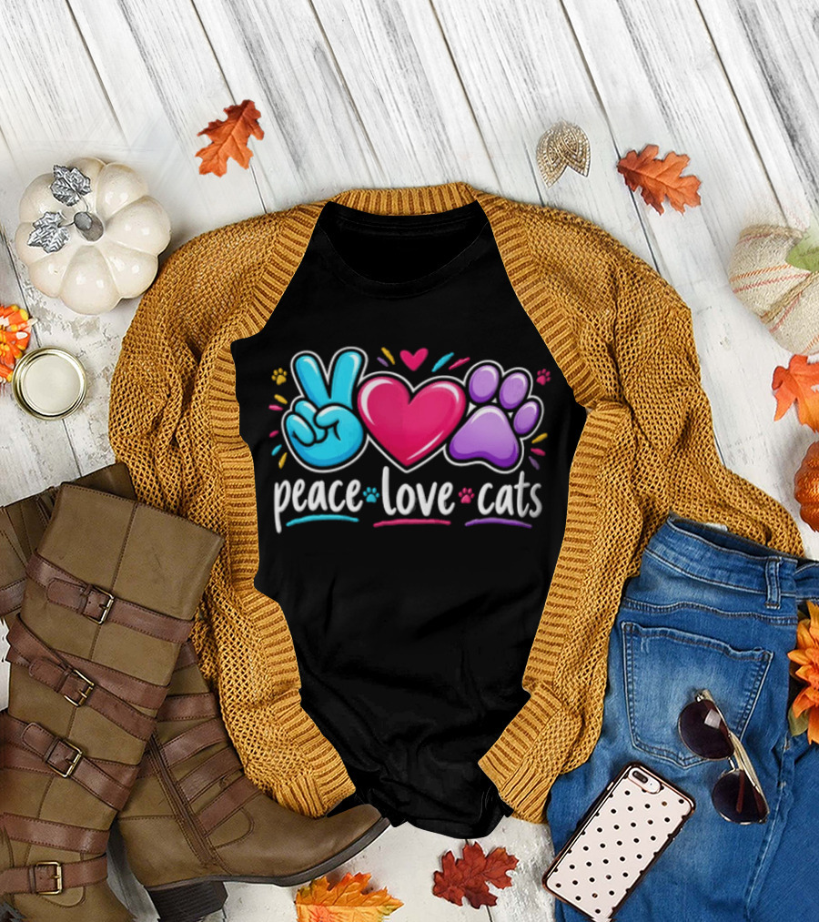 Peace Love Cats Sign Heart Paw Rainbow T-Shirt