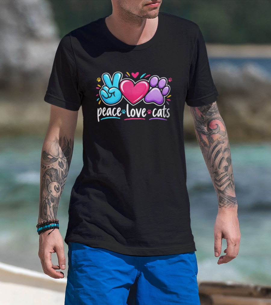 Peace Love Cats Sign Heart Paw Rainbow T-Shirt