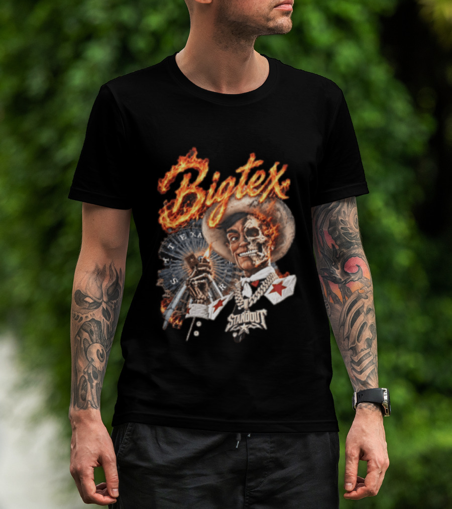 Big Tex Skeleton Cowboy Flaming Hat Texas Star Ferris Wheel T-Shirt