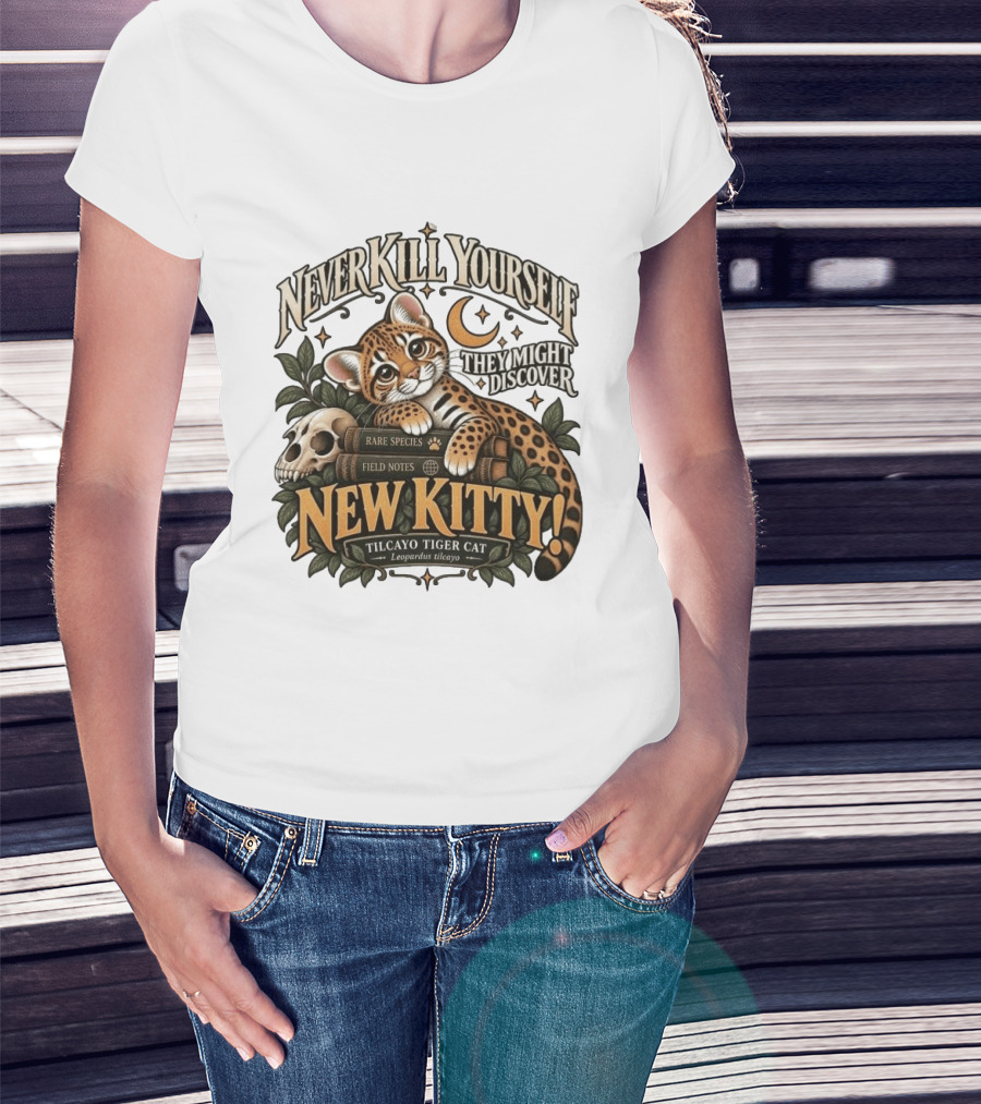 Never Kill Yourself They Might Discover New Kitty Tilcayo Tiger Cat Leopardsus Tilcayo Rare Species Field Notes T-Shirt