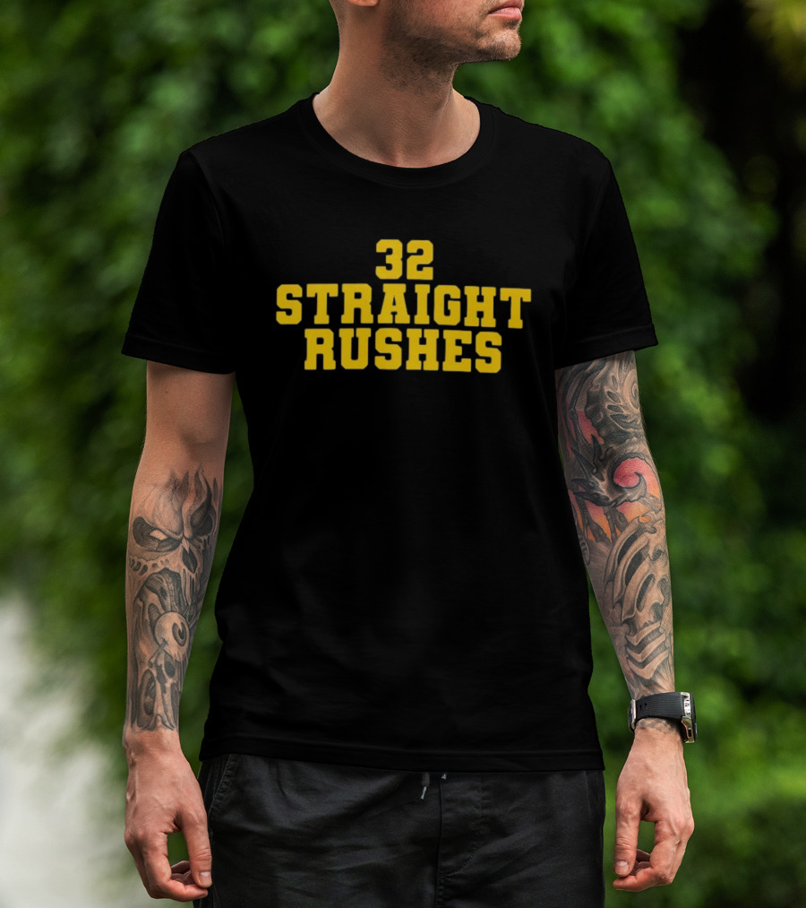 32 Straight Rushes Football Marathon Yellow Athletic Varsity T-Shirt