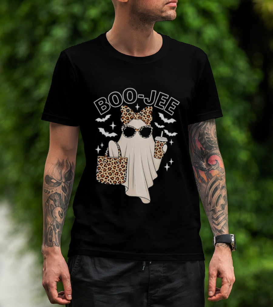 Boo Jee Stylish Ghost With Leopard Print Accessories And Bats T-Shirt